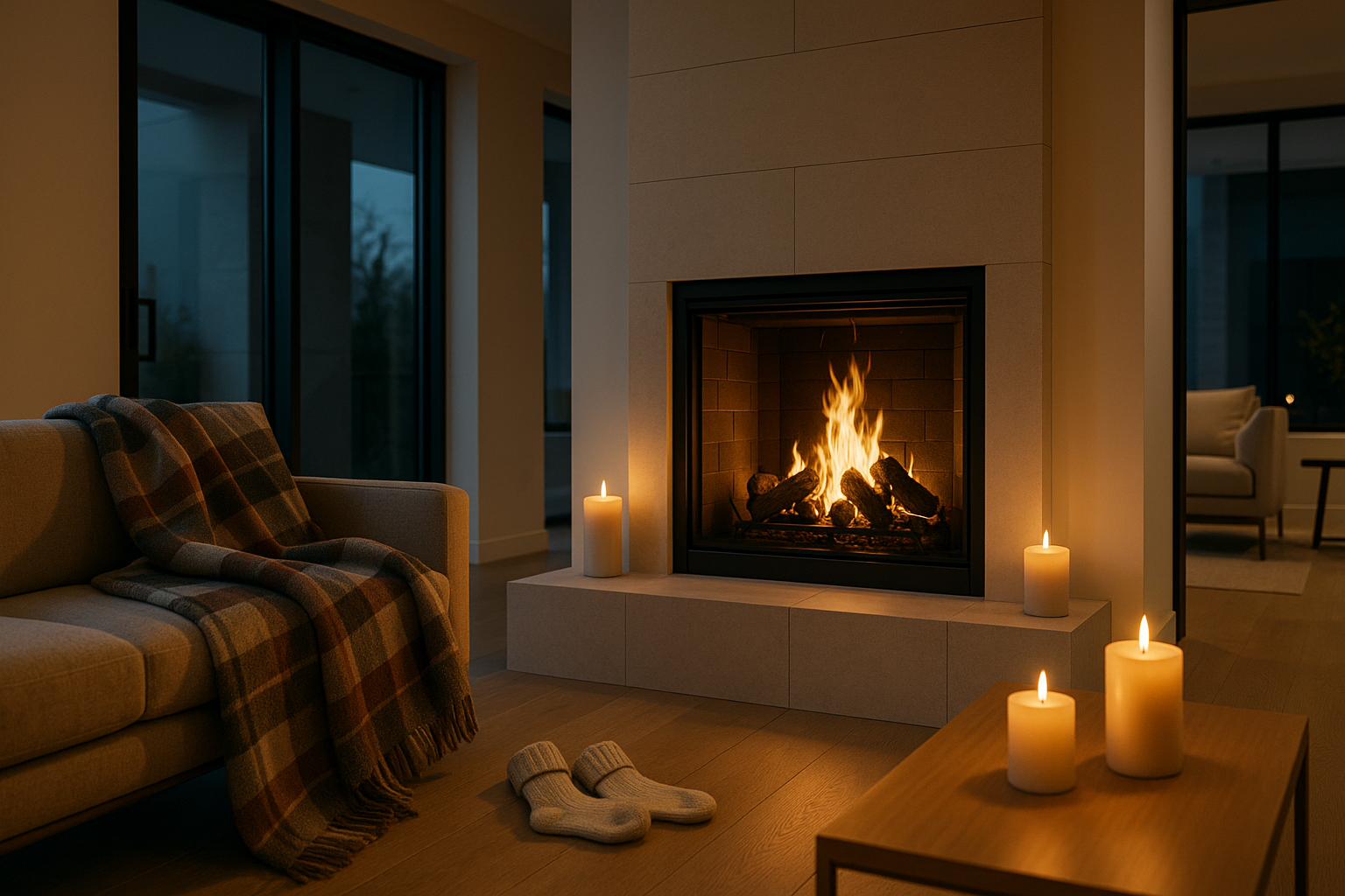 feux de bois dans cheminés moderne, avec autours des plaids, bougies, chausette hiver simple, et la maison doit etre moderne